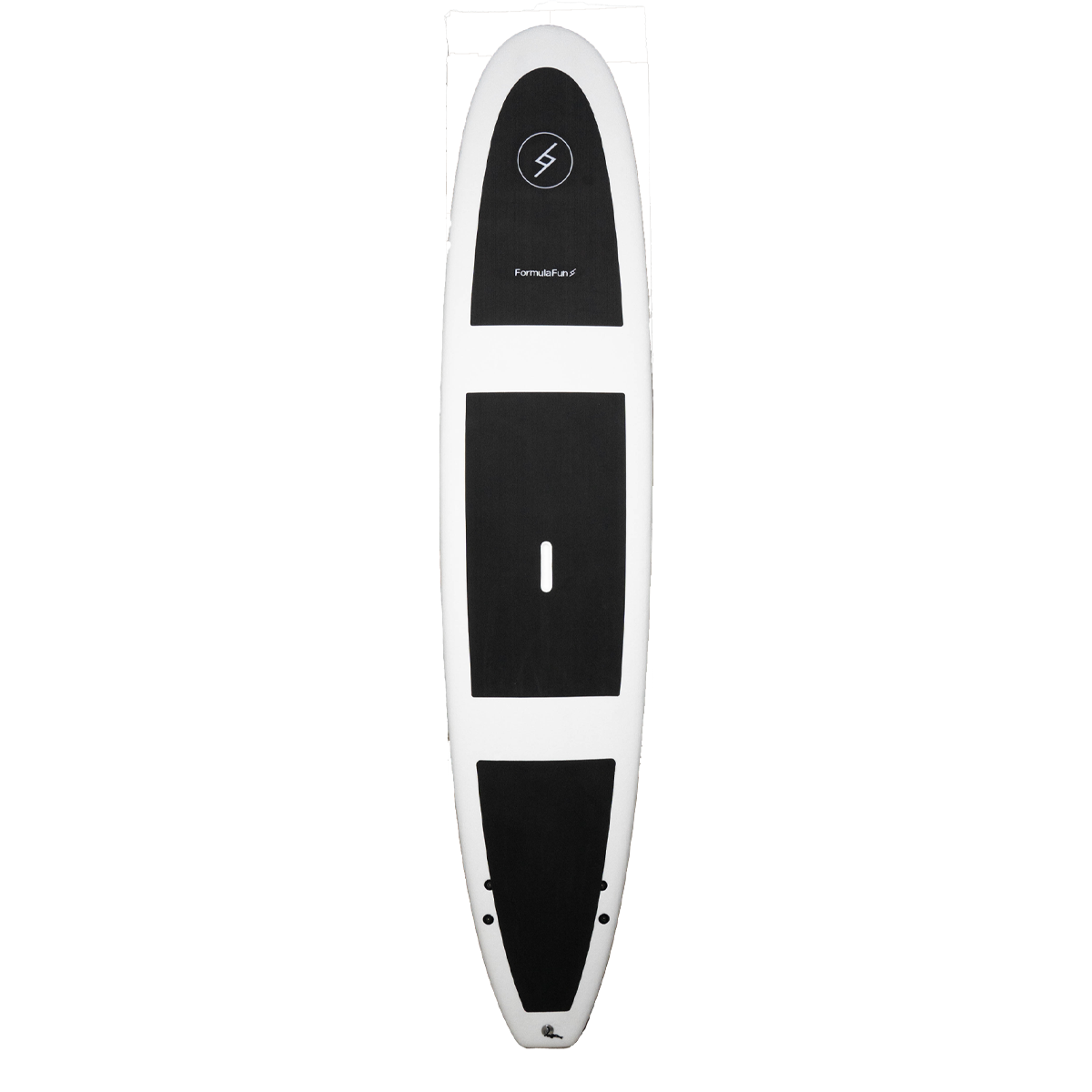 a black and white 9 foot 6 inch Formula Fun San O surfboard in the longboard category