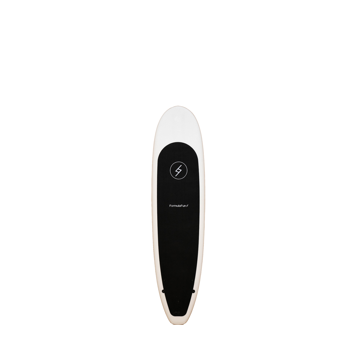 a black and white 6 foot 4 inch Formula Fun Zipper surfboard in the hybrid category