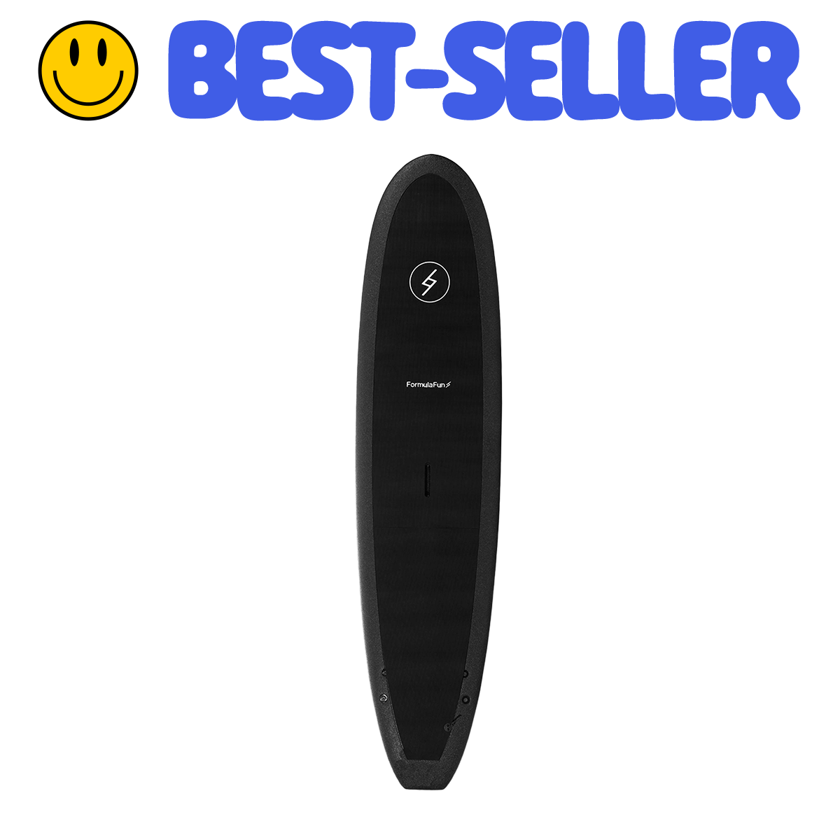 a black 7 foot 10 inch Formula Fun DOHO surfboard in the funboard category with a best seller text overlay