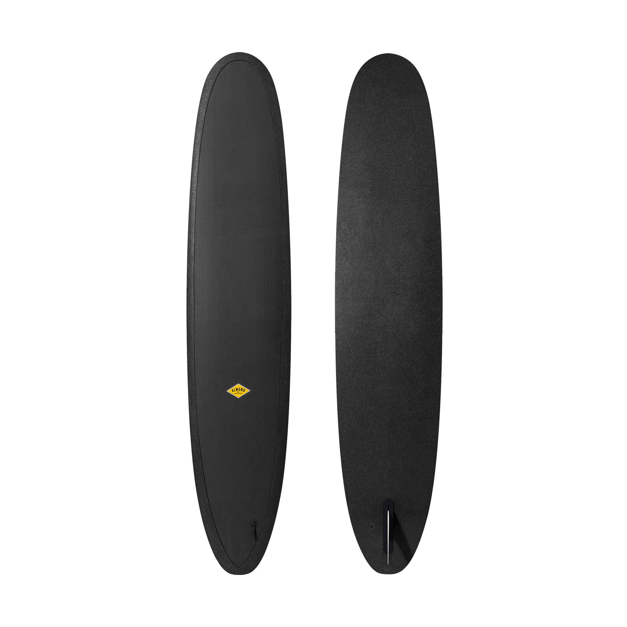 Front, Profile and back of a black 9 foot 2 inch Almond Surf Thump surfboard with a logo on a transparent background