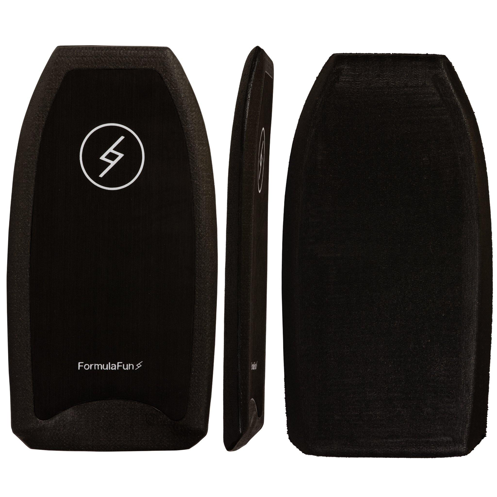 Front, profile and back of a 3 foot 5 inch Formula Fun Foamies Body Board on a white background