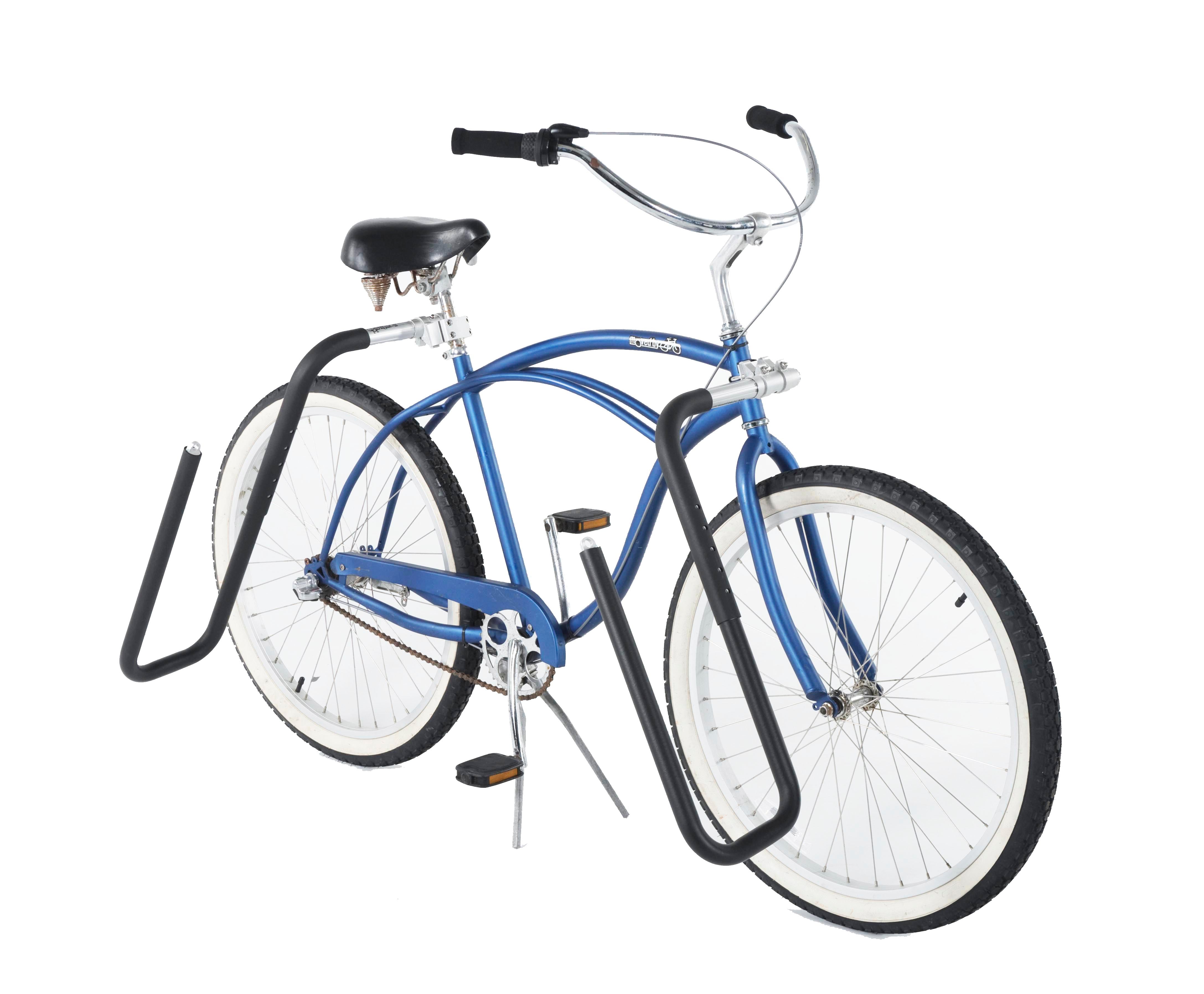 A blue bike with an MBB longboard rack