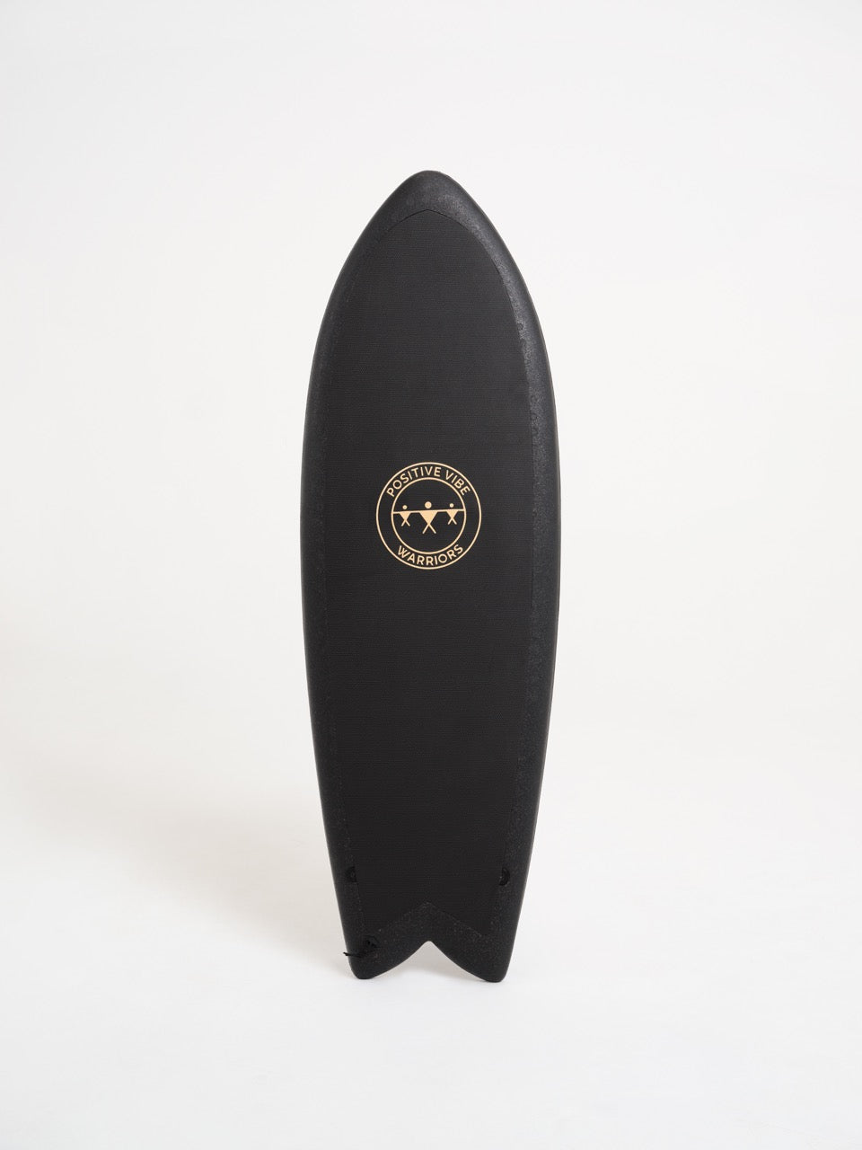 A black 5 foot 3 inch Positive Vibe Warriors Thrill surfboard with a logo illustration on a white background