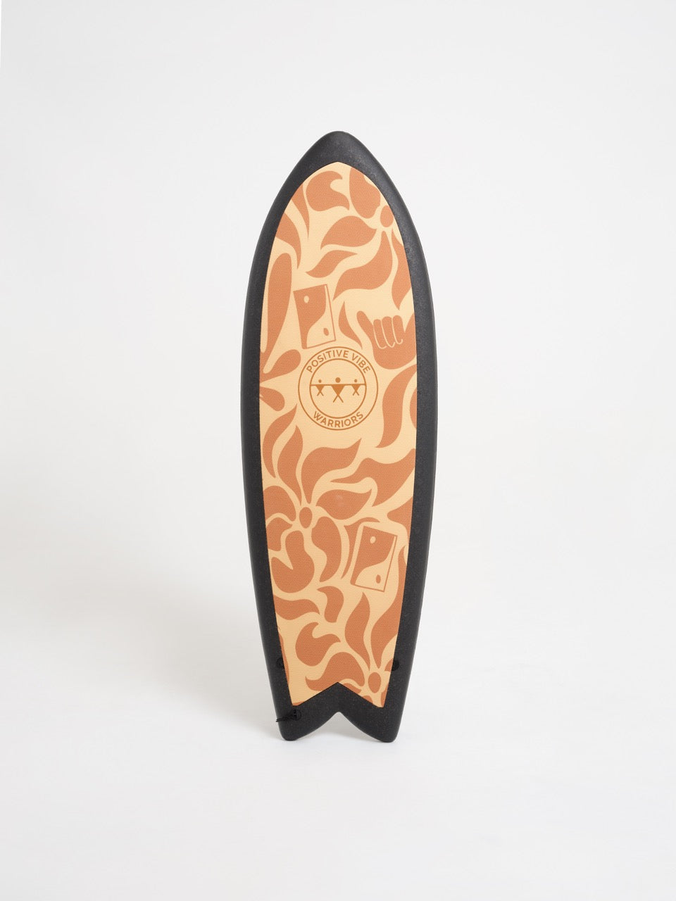 A black and beige 5 foot 3 inch Positive Vibe Warriors Thrill surfboard with a brown flower illustration on a white background