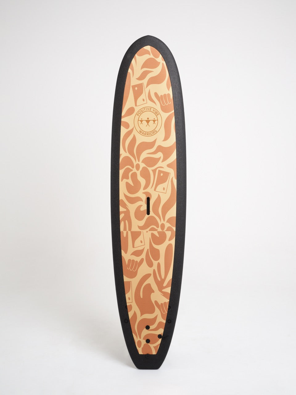 A black and beige 8 foot Positive Vibe Warriors Scout surfboard with a brown flower illustration on a white background