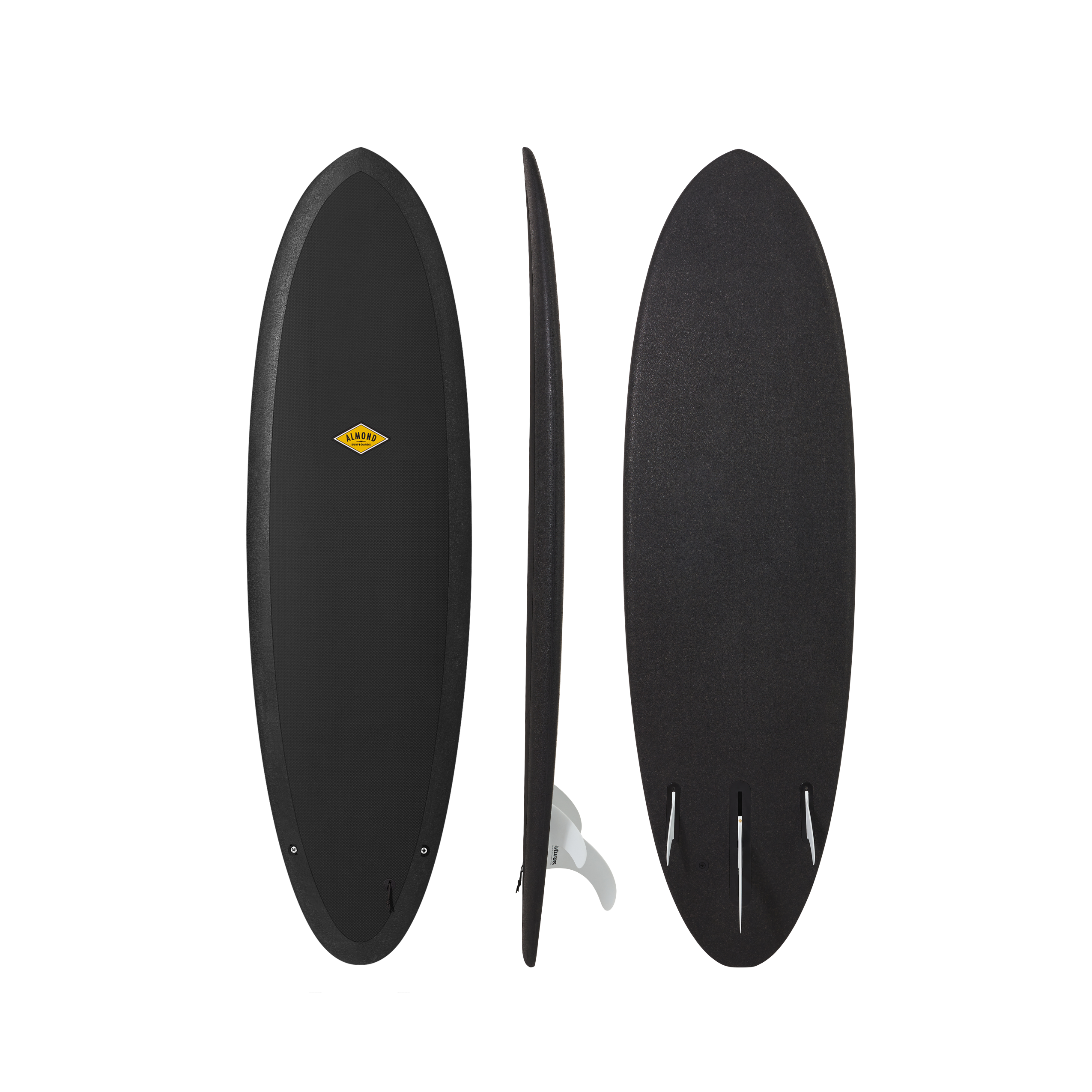 Front, Profile and back of a black 6 foot 4 inch Almond Plez Phez surfboard with a logo on a transparent background