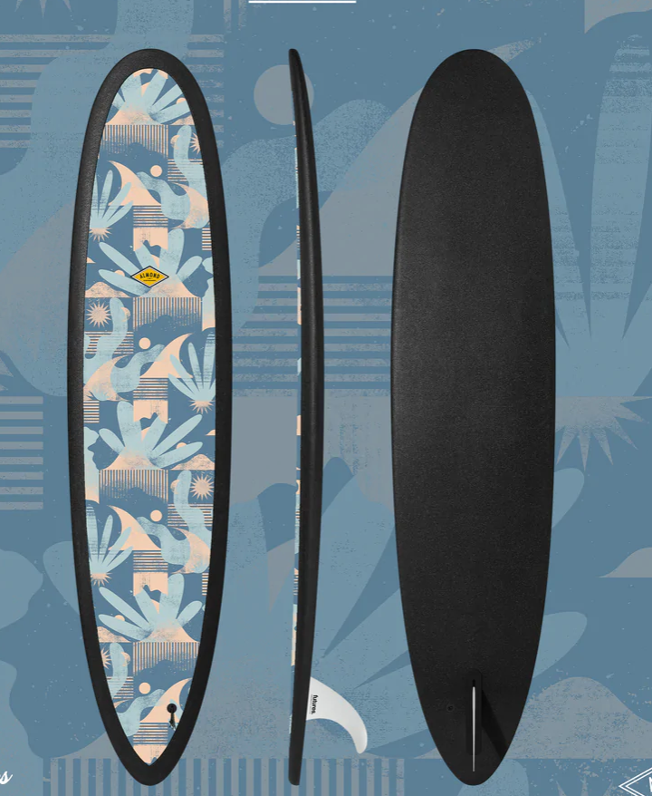 Front, Profile and back of a blue and white 8 foot Almond Joy surfboard with a logo on a blue background