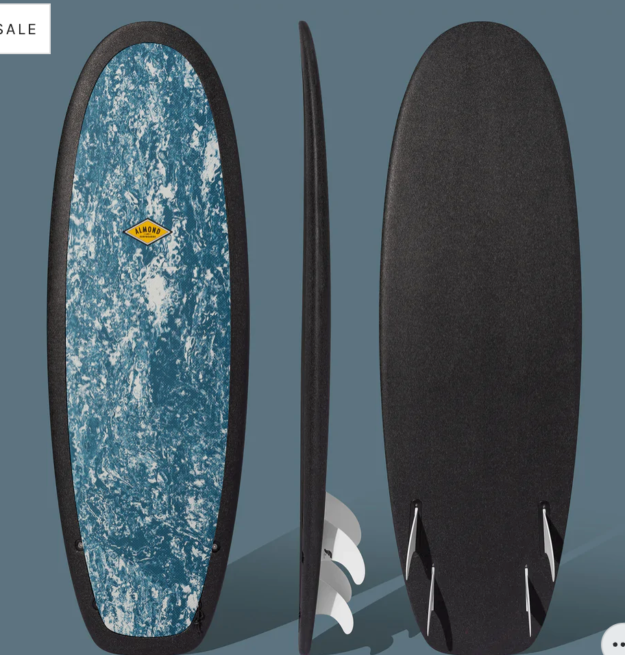 Front, Profile and back of a blue speckled 5 foot 4 inch Almond Secret Menu surfboard with a logo on a blue background