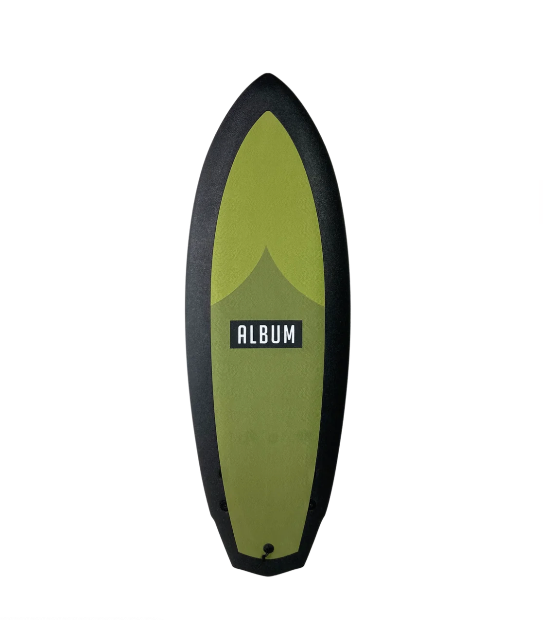 A black and green 4 foot 10 inch Album Seaskate surfboard with a logo illustration on a transparent background