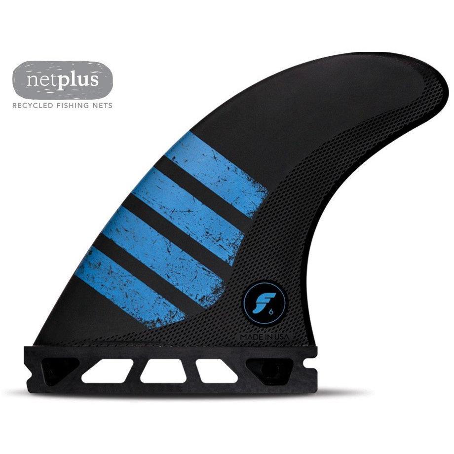 A black and blue Alpha F6 Futures Fins on a white background