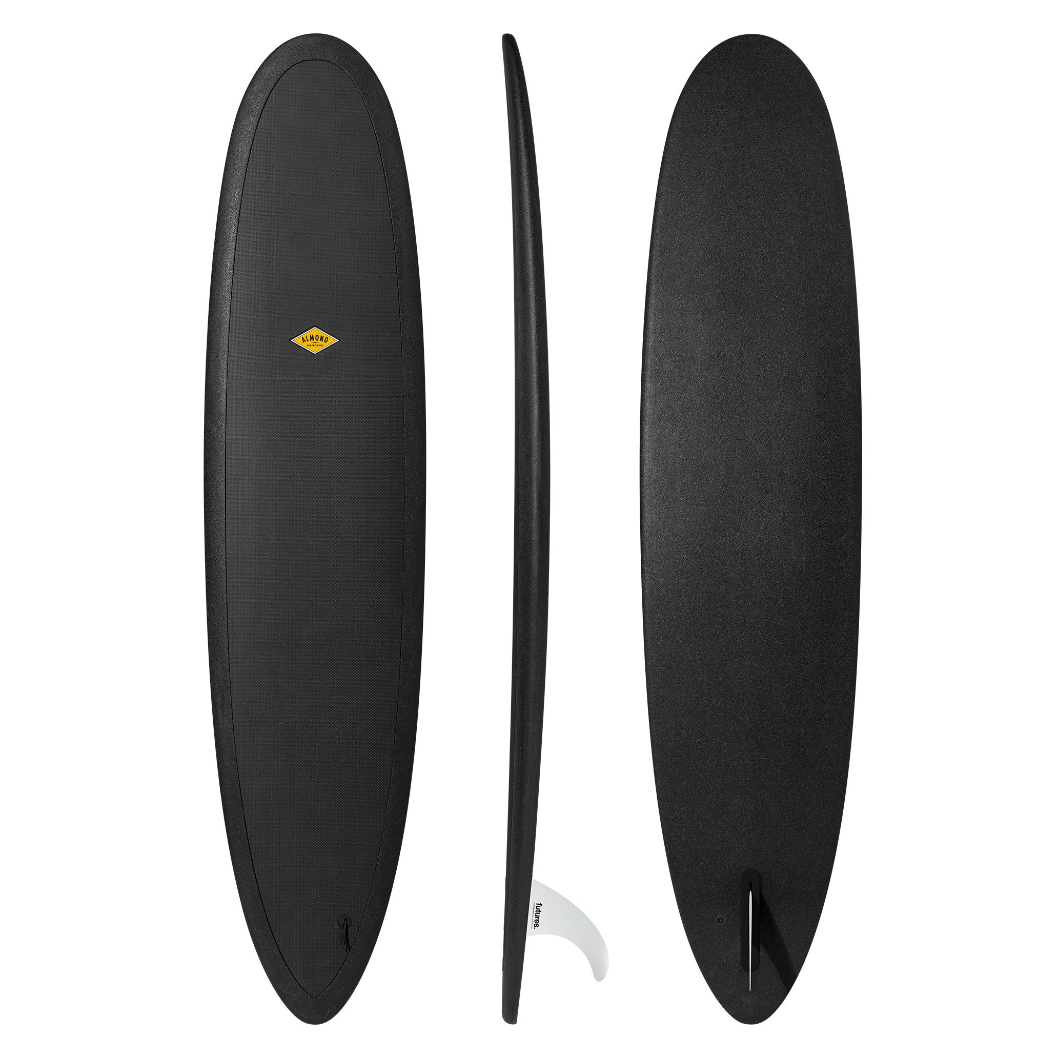 Front, Profile and back of a black 8 foot Almond Joy surfboard with a logo on a transparent background