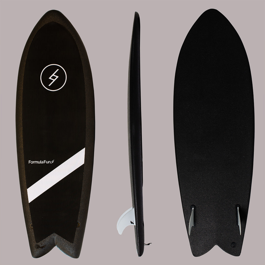 Front, profile and back of a black 5 foot 3 inch Formula Fun Foamies Twinnie surfboard on a grey background