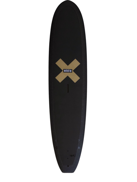 A black 7 foot 11 inch Album Kookalog surfboard with a golden x illustration on a transparent background