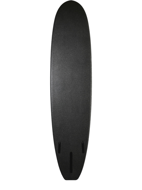 The backside of a black 7 foot 11 inch Album Kookalog surfboard with a golden x illustration on a transparent background