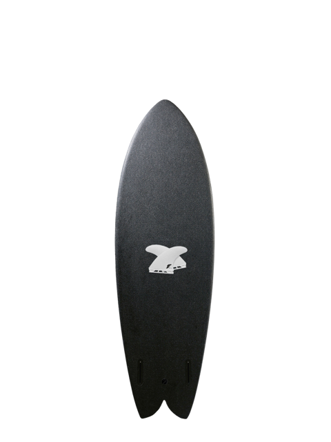 A black 5 foot 7 inch Album Presto surfboard with two surfboard fins illustrations on a transparent background