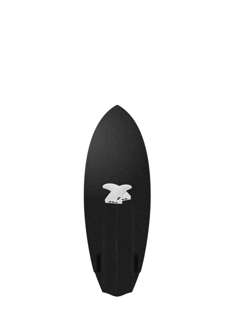 A black 4 foot 10 inch Album Seaskate surfboard with two surfboard fins illustrations on a transparent background