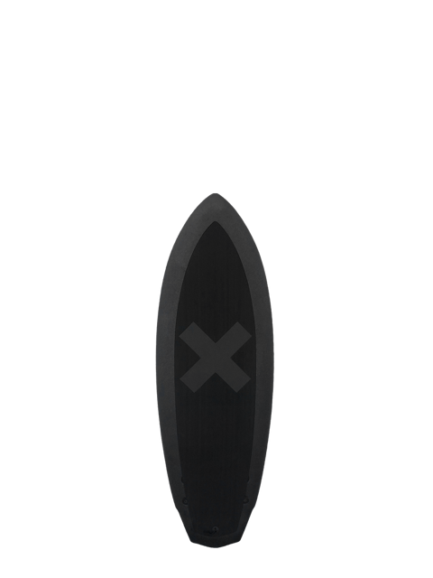 A black 4 foot 10 inch Album Seaskate surfboard with a black x illustration on a transparent background