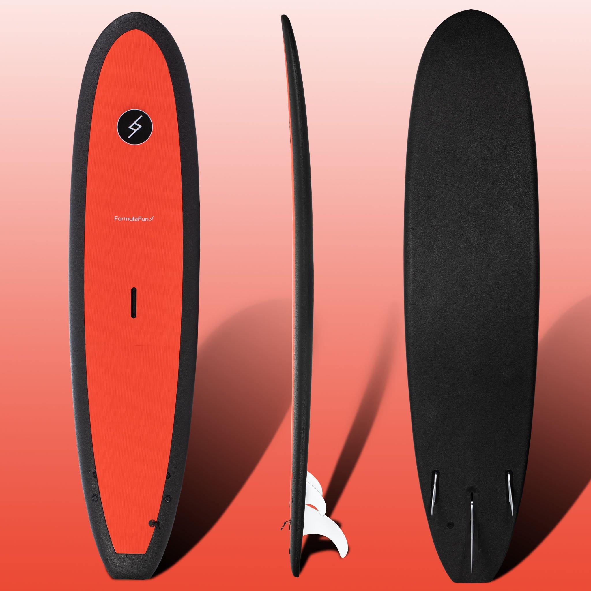 Front, profile and back of a red 7 foot 10 inch Formula Fun Foamies DOHO surfboard on a red shaded background