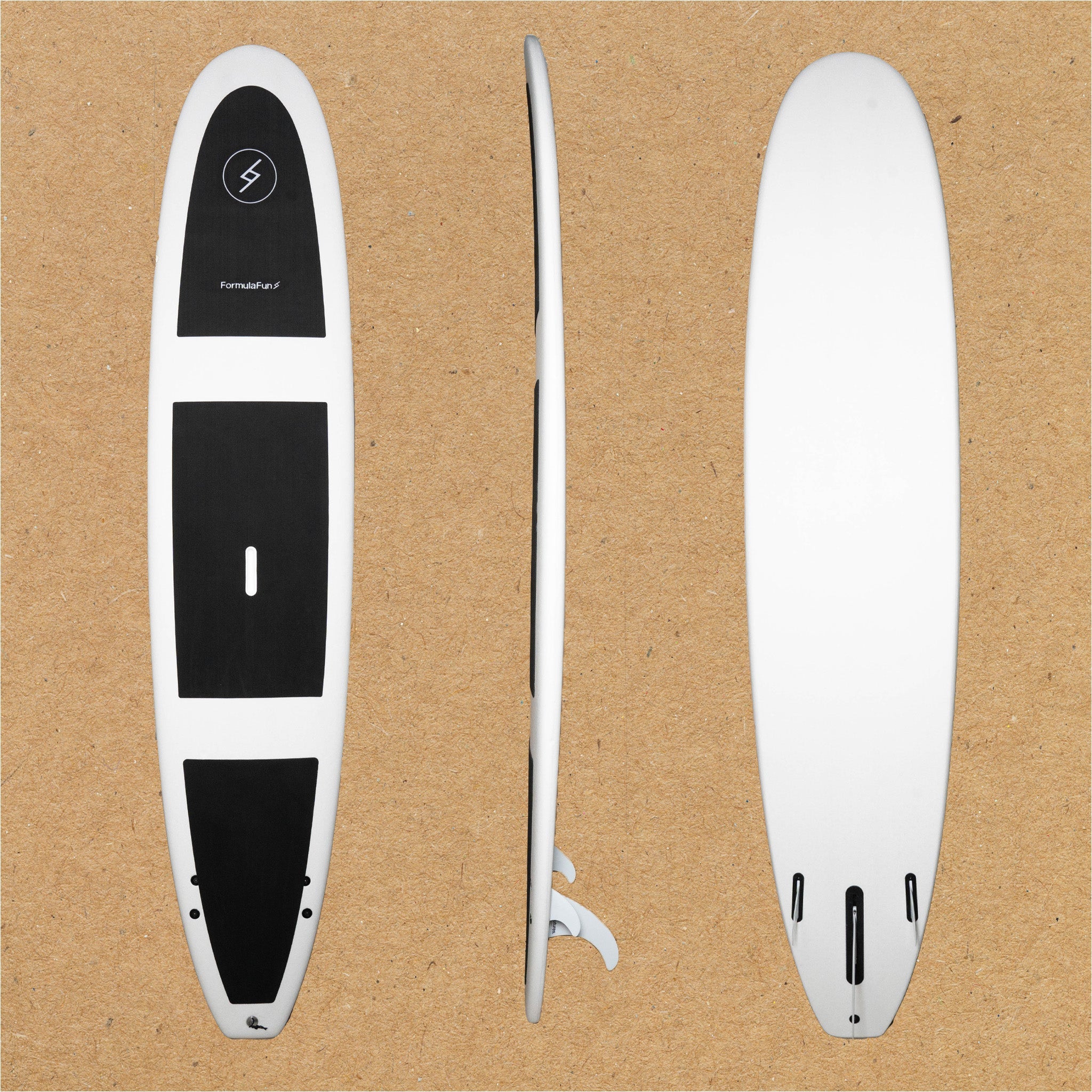 Front, profile and back of a white 9 foot 6 inch Formula Fun Foamies SanO surfboard on a light brown background