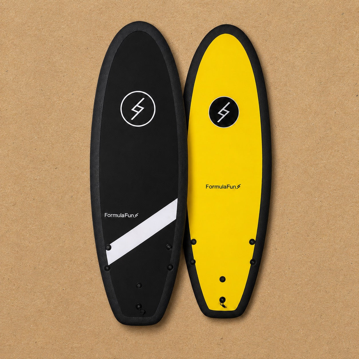 Yellow and black Formula Fun 4'10" Canyon kids foam surfboards