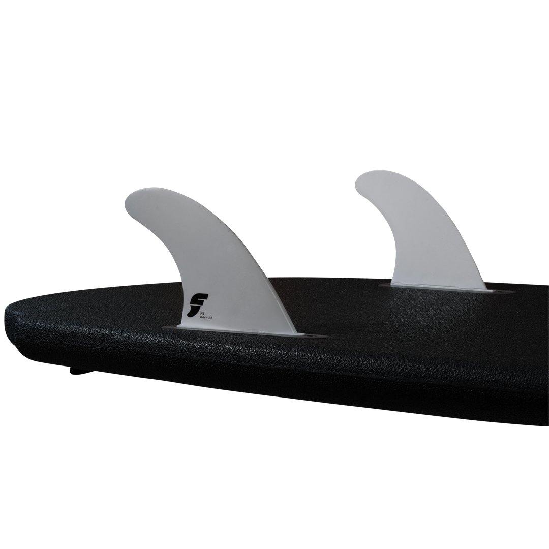 Tail of a 4 foot 8 inch Formula Fun Foamies Rubicon Wake Surfboard with futures fins