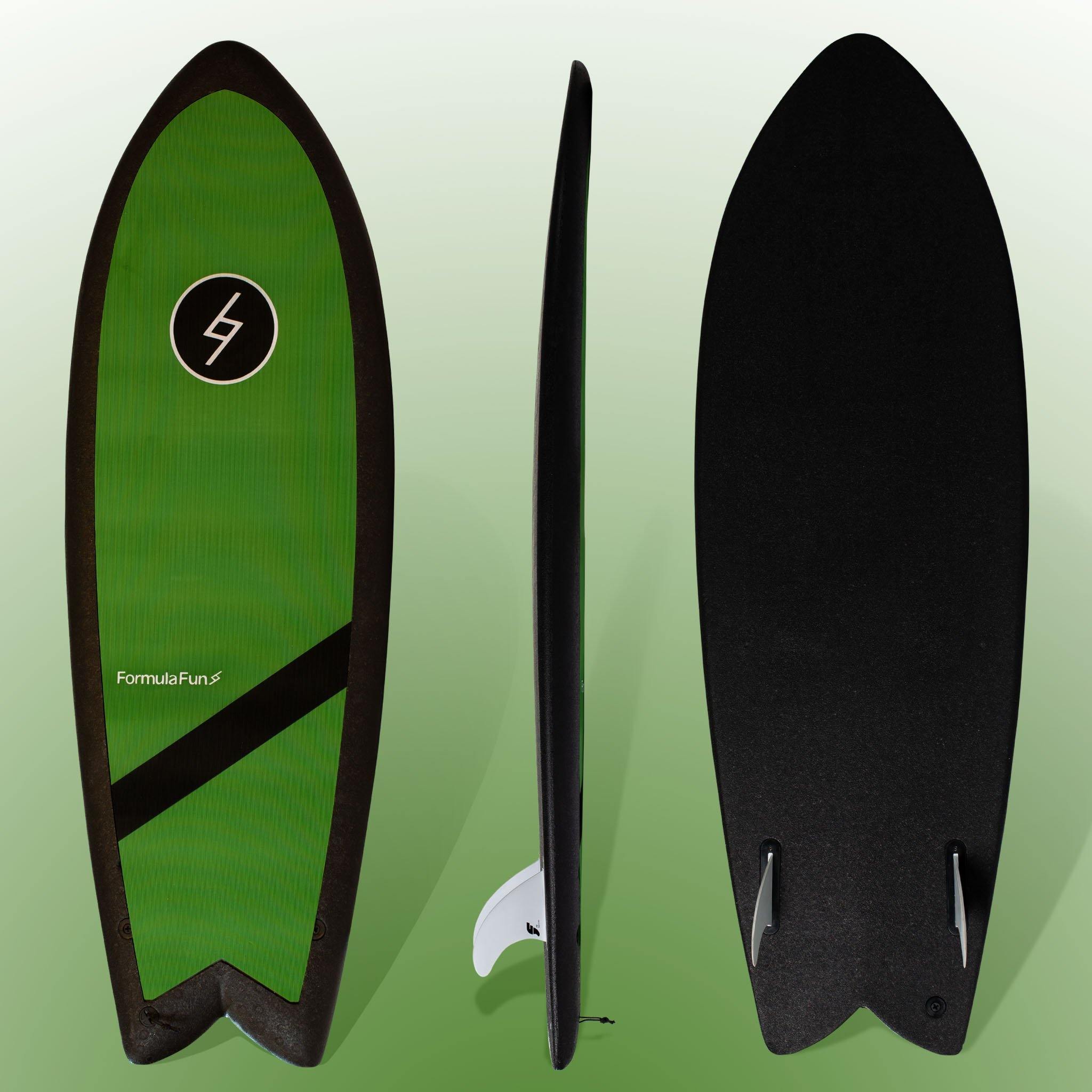 Front, profile and back of a green 5 foot 3 inch Formula Fun Foamies Twinnie surfboard on a green shaded background