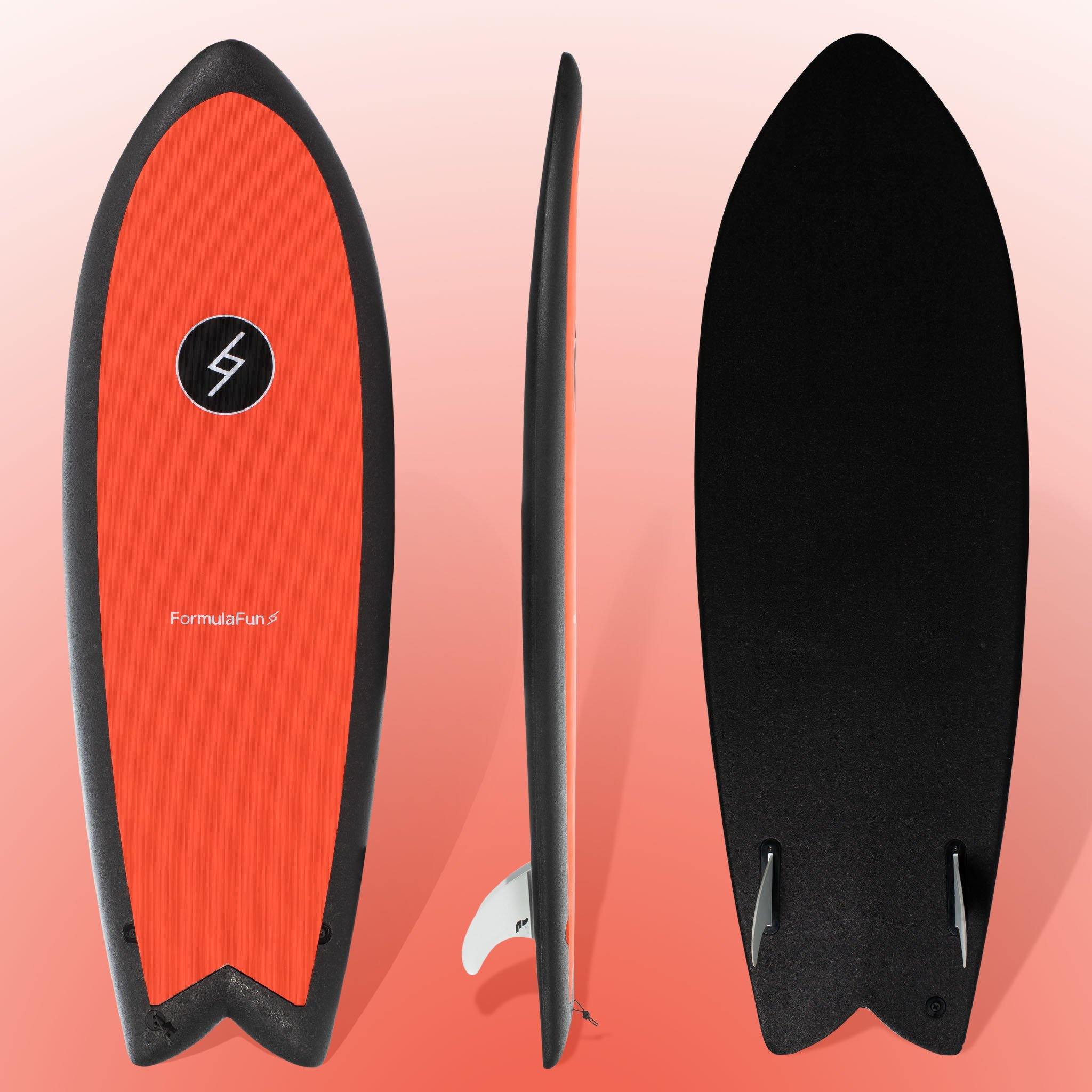 Front, profile and back of a red 5 foot 3 inch Formula Fun Foamies Twinnie surfboard on a red shaded background