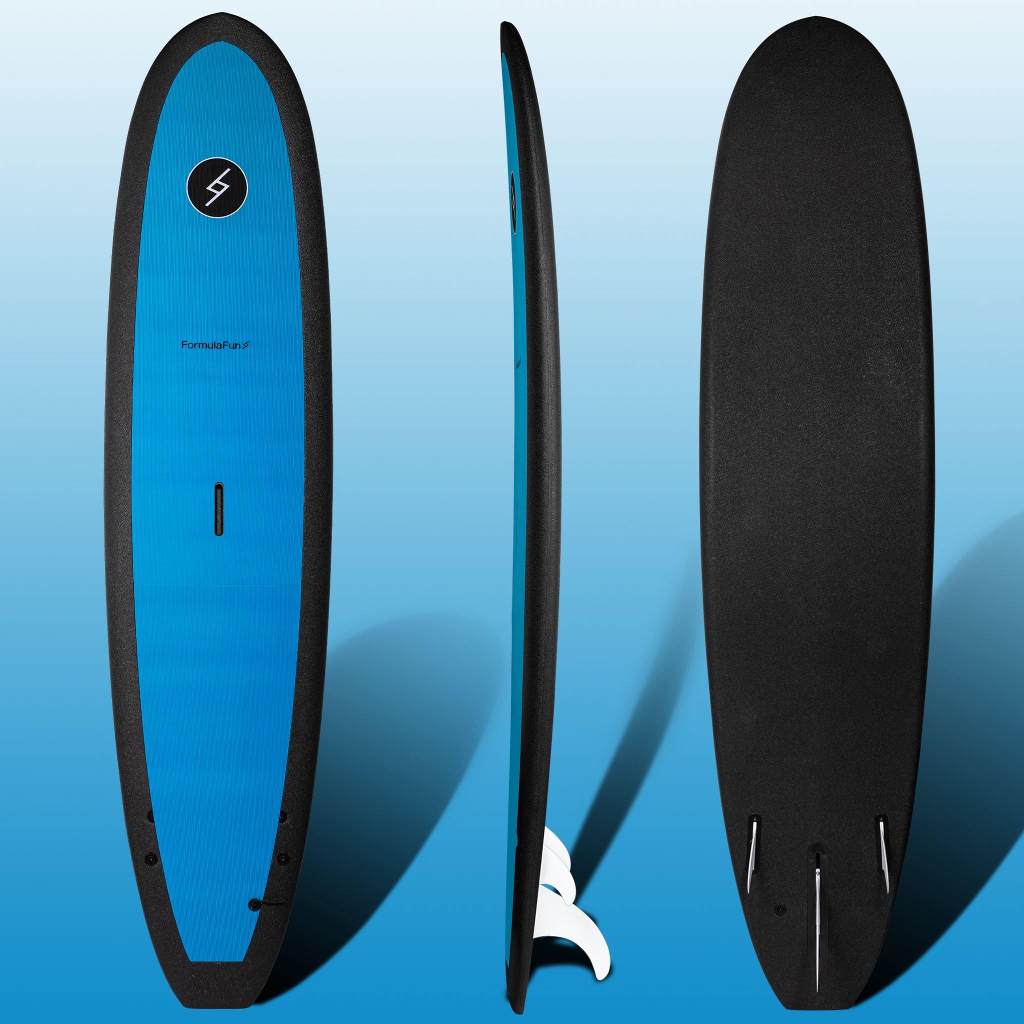 Front, profile and back of a blue 7 foot 10 inch Formula Fun Foamies DOHO surfboard on a blue shaded background