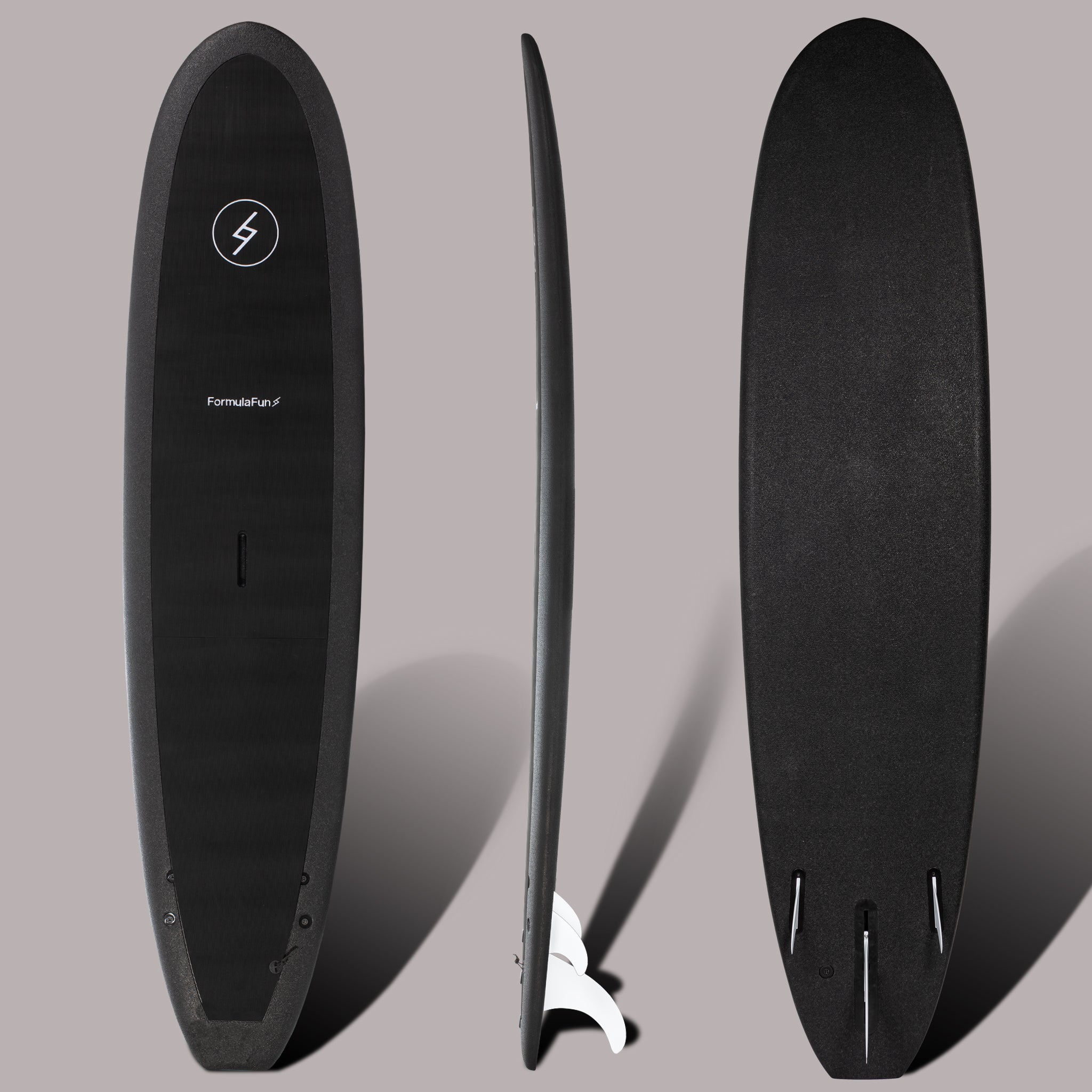 Front, profile and back of a black 7 foot 10 inch Formula Fun Foamies DOHO surfboard on a grey background