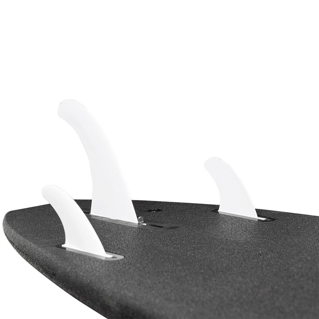The backside of the tail of a 7 foot 10 inch Formula Fun Foamies DOHO Surfboard with 3 futures fins