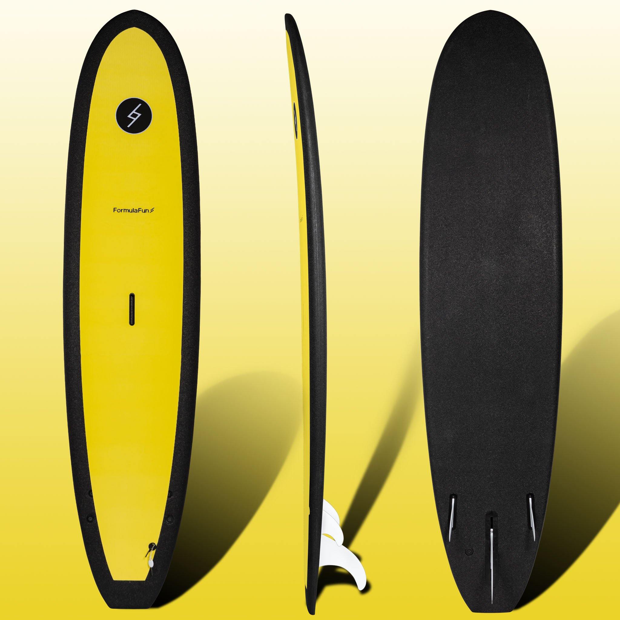Front, profile and back of a yellow 7 foot 10 inch Formula Fun Foamies DOHO surfboard on a yellow shaded background