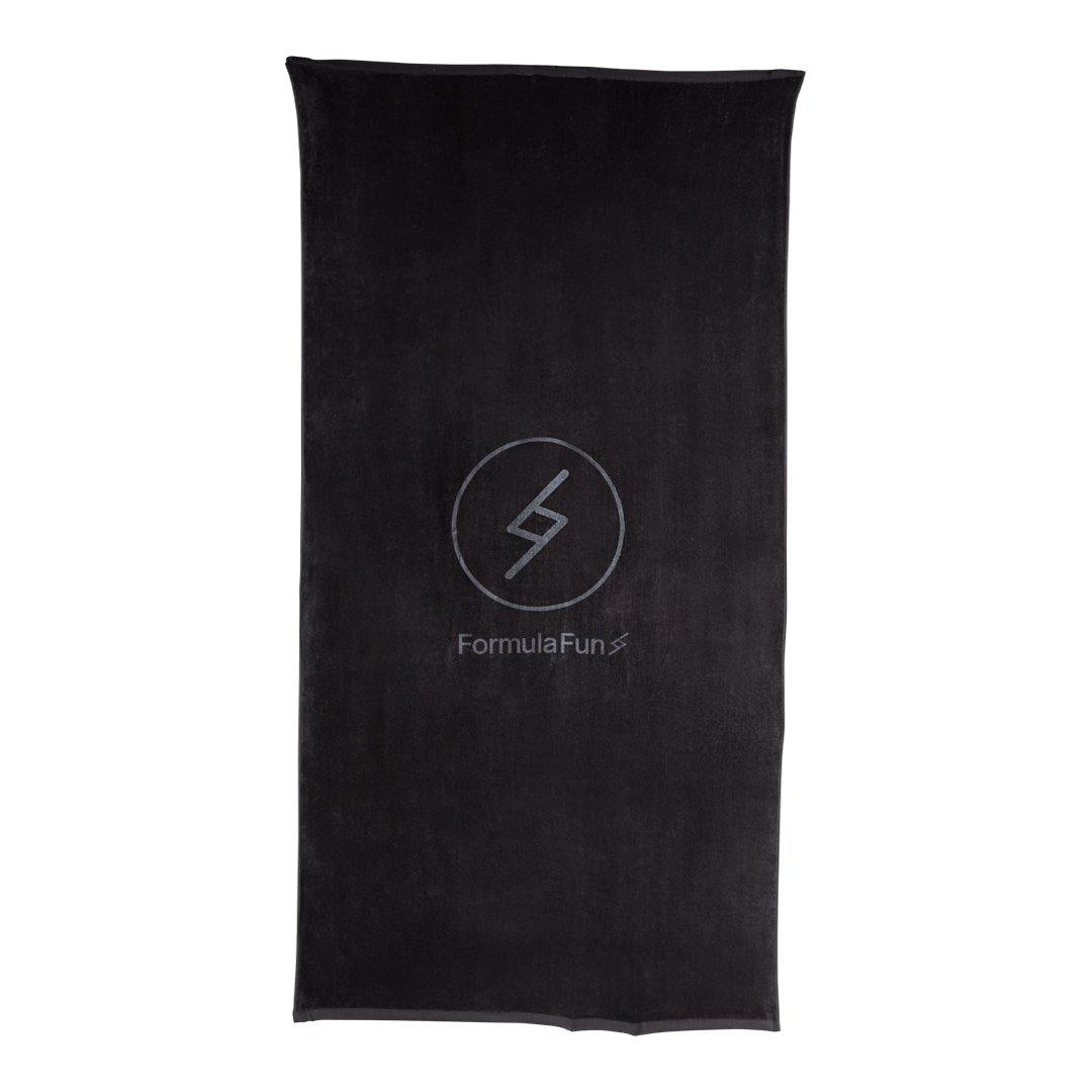 A black Formula Fun Foamies towel with a logo