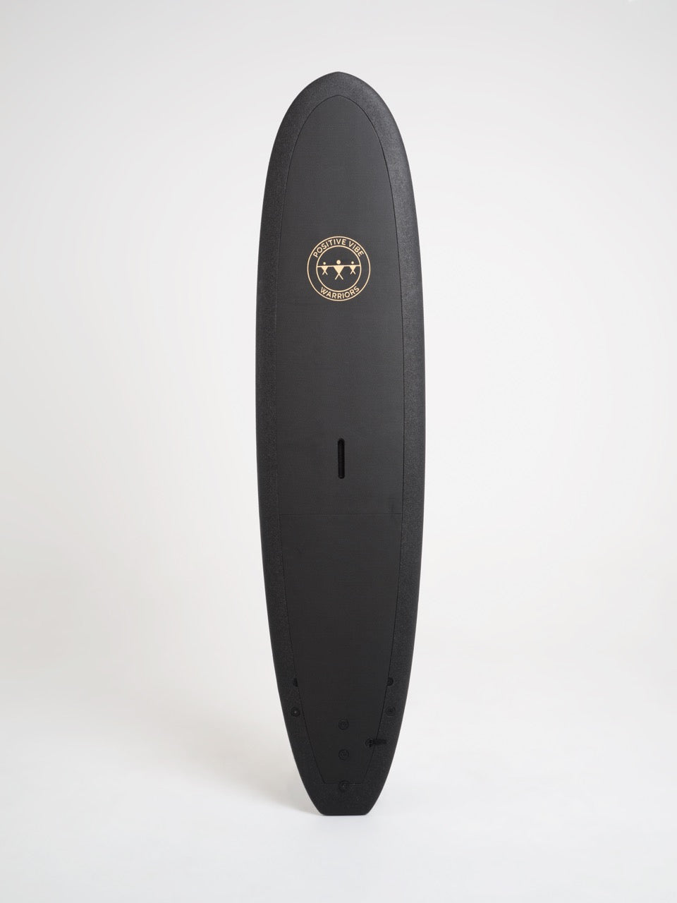 A black 8 foot Positive Vibe Warriors Scout surfboard with a logo on a white background