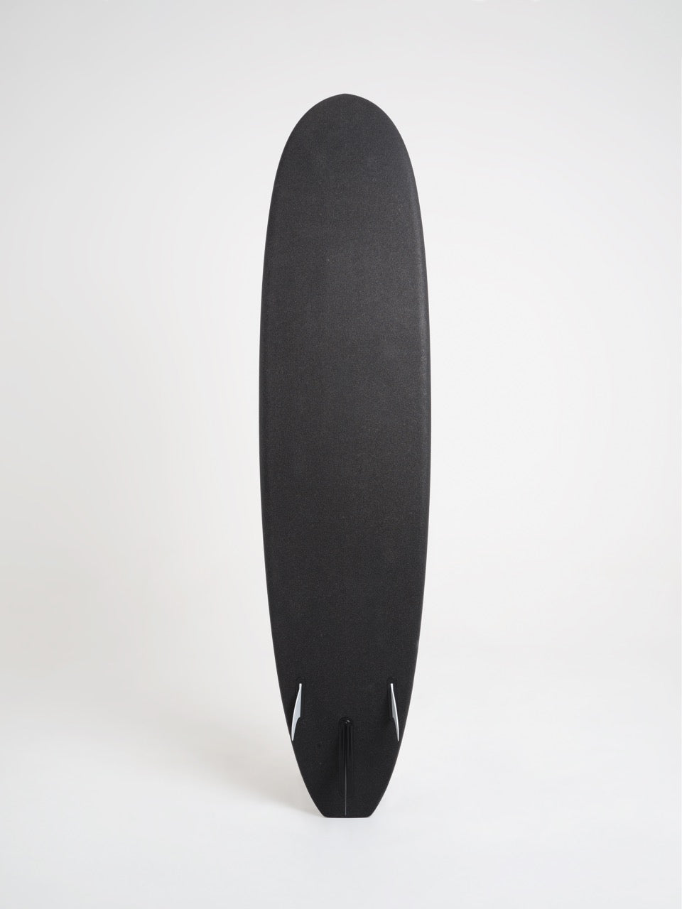 The backside of a black 8 foot Positive Vibe Warriors Scout surfboard with two fins on a white background