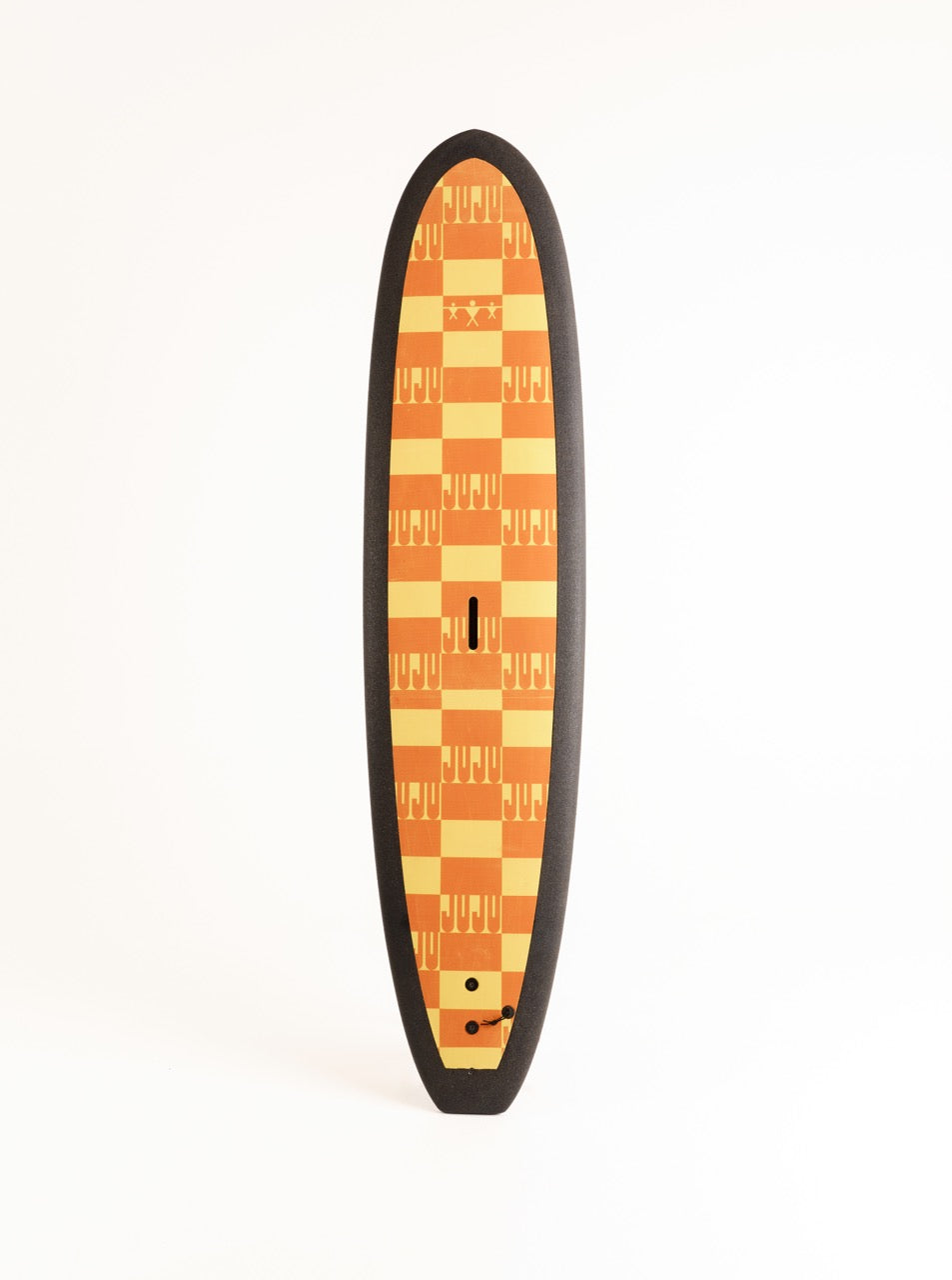 A light yellow and orange chequered 8 foot Positive Vibe Warriors Scout surfboard on a white background