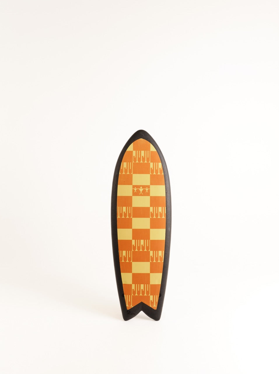 A light yellow and orange chequered 5 foot 3 inch Positive Vibe Warriors Thrill surfboard on a white background