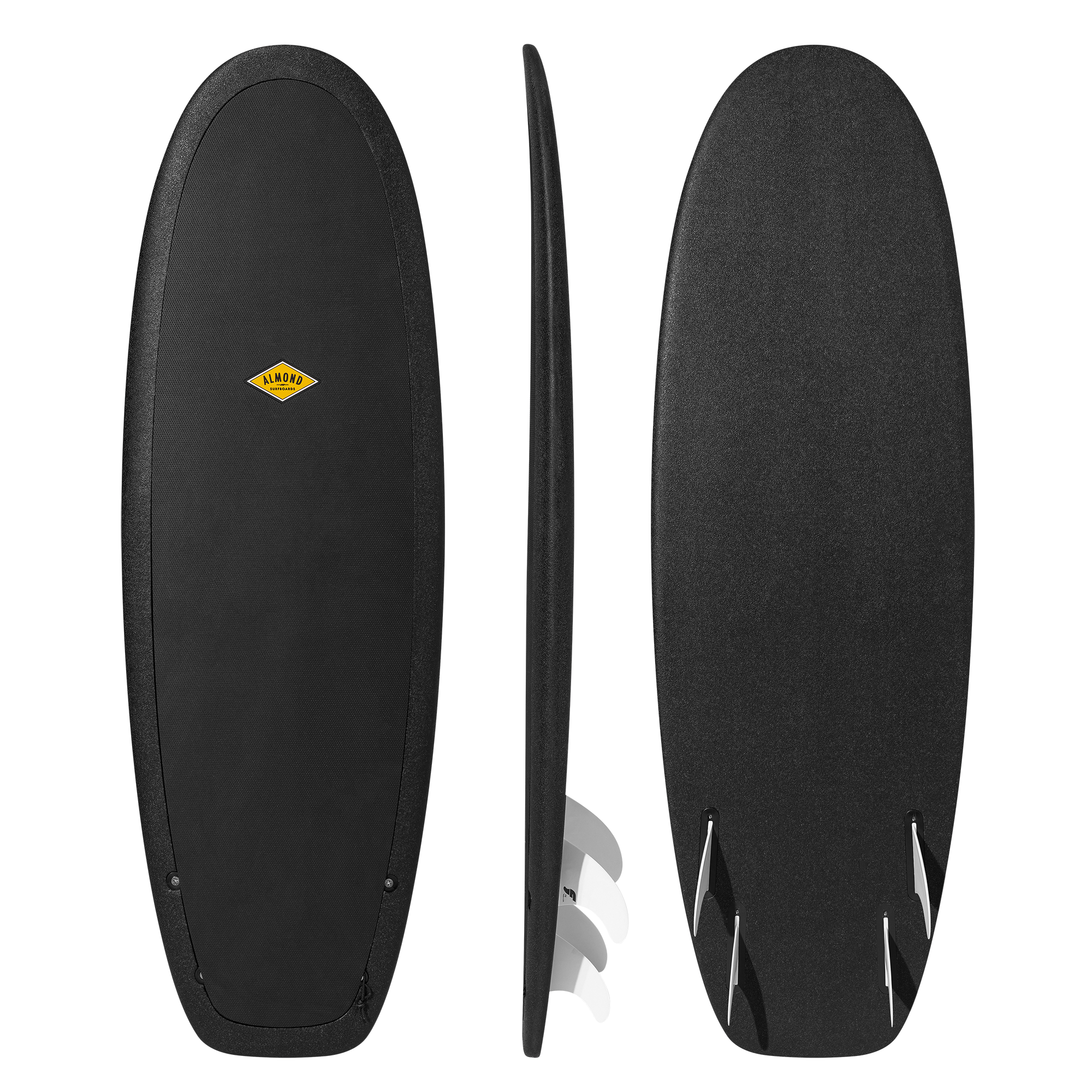 Front, Profile and back of a black 5 foot 4 inch Almond Secret Menu surfboard with a logo on a transparent background