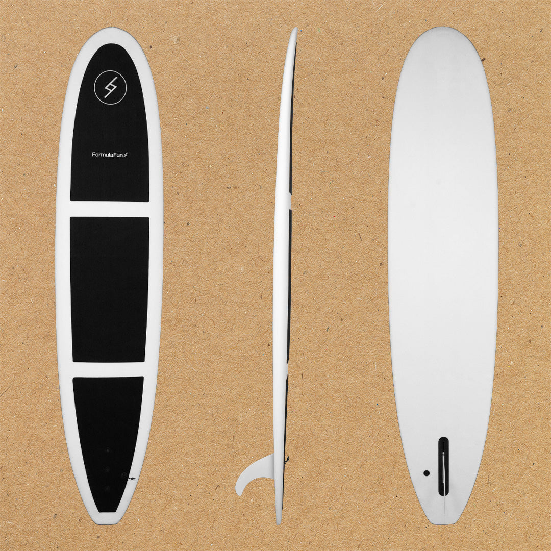 Front, profile and back of a white 8 foot Formula Fun Foamies Rincon surfboard on a light brown background