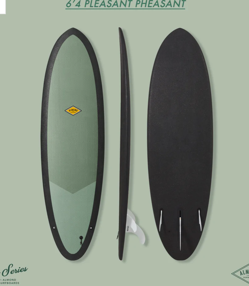 Front, Profile and back of a green 6 foot 4 inch Almond Plez Phez surfboard with a logo on a green background