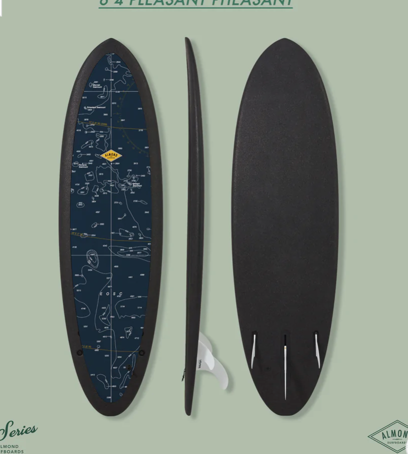 Front, Profile and back of a blue 6 foot 4 inch Almond Secret Menu surfboard with a logo on a green background