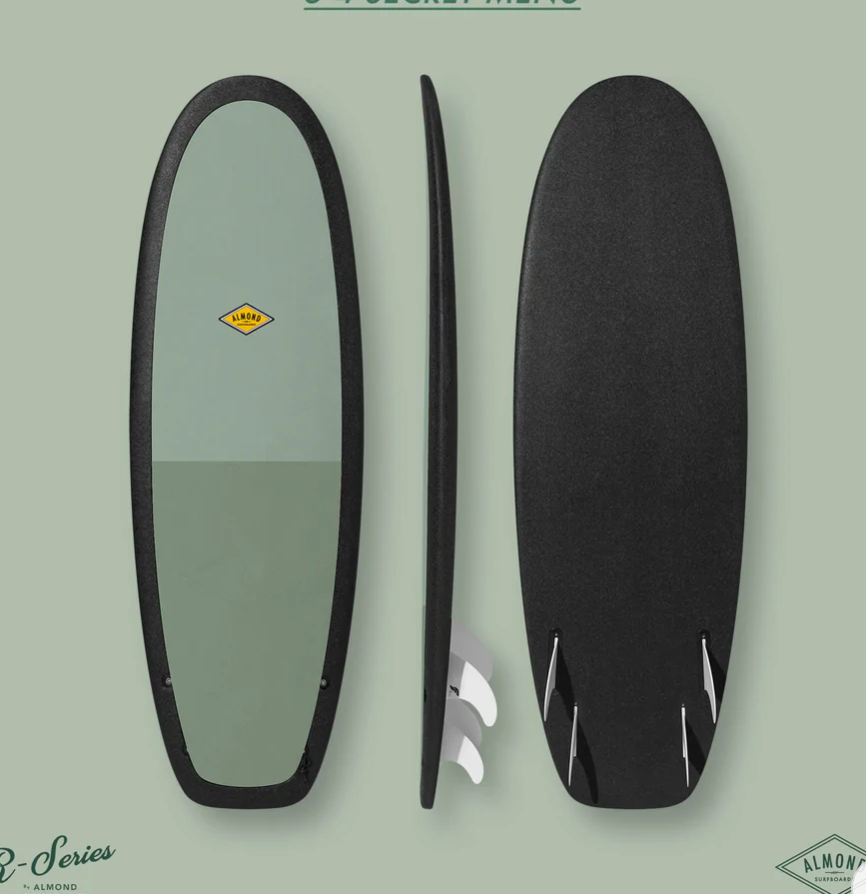 Front, Profile and back of a green 5 foot 4 inch Almond Secret Menu surfboard with a logo on a green background