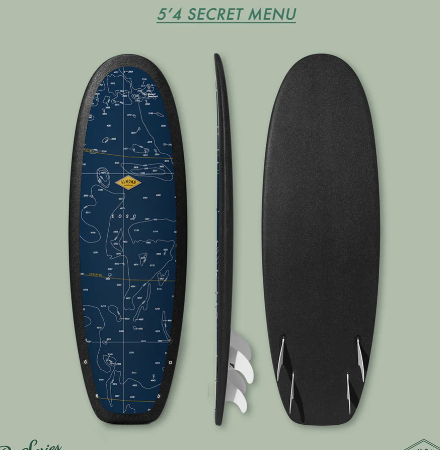 Front, Profile and back of a blue 5 foot 4 inch Almond Secret Menu surfboard with a logo on a green background