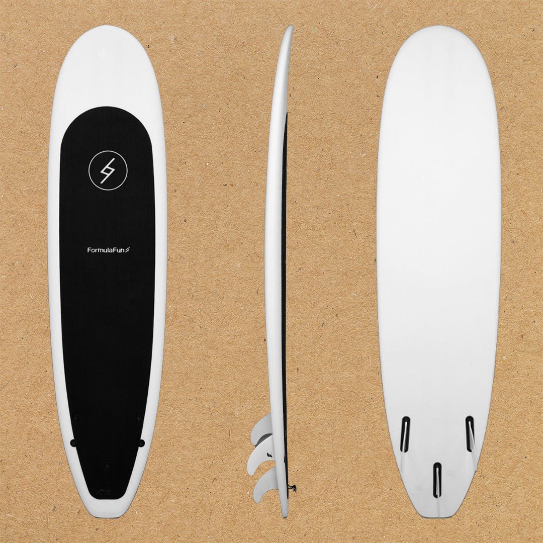 Front, profile and back of a white 6 foot 4 inch Formula Fun Foamies Twinnie surfboard on a light brown background