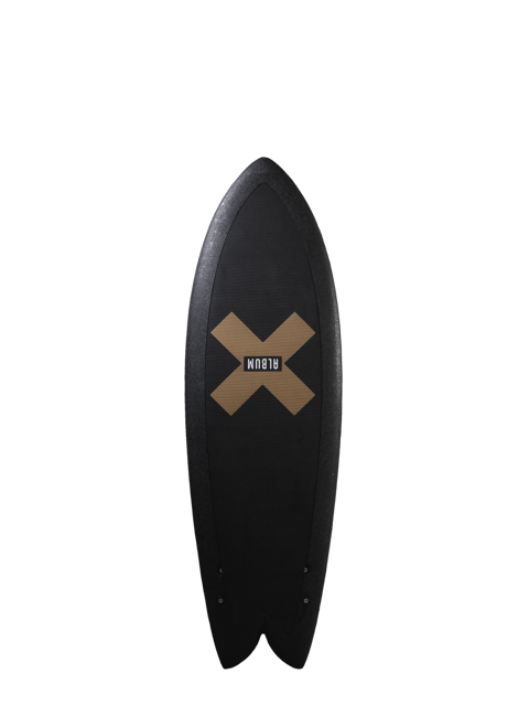 A black 5 foot 7 inch Album Presto surfboard with a golden x illustration on a transparent background
