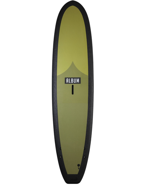 A black and green 7 foot 11 inch Album Kookalog surfboard with a logo on a transparent background