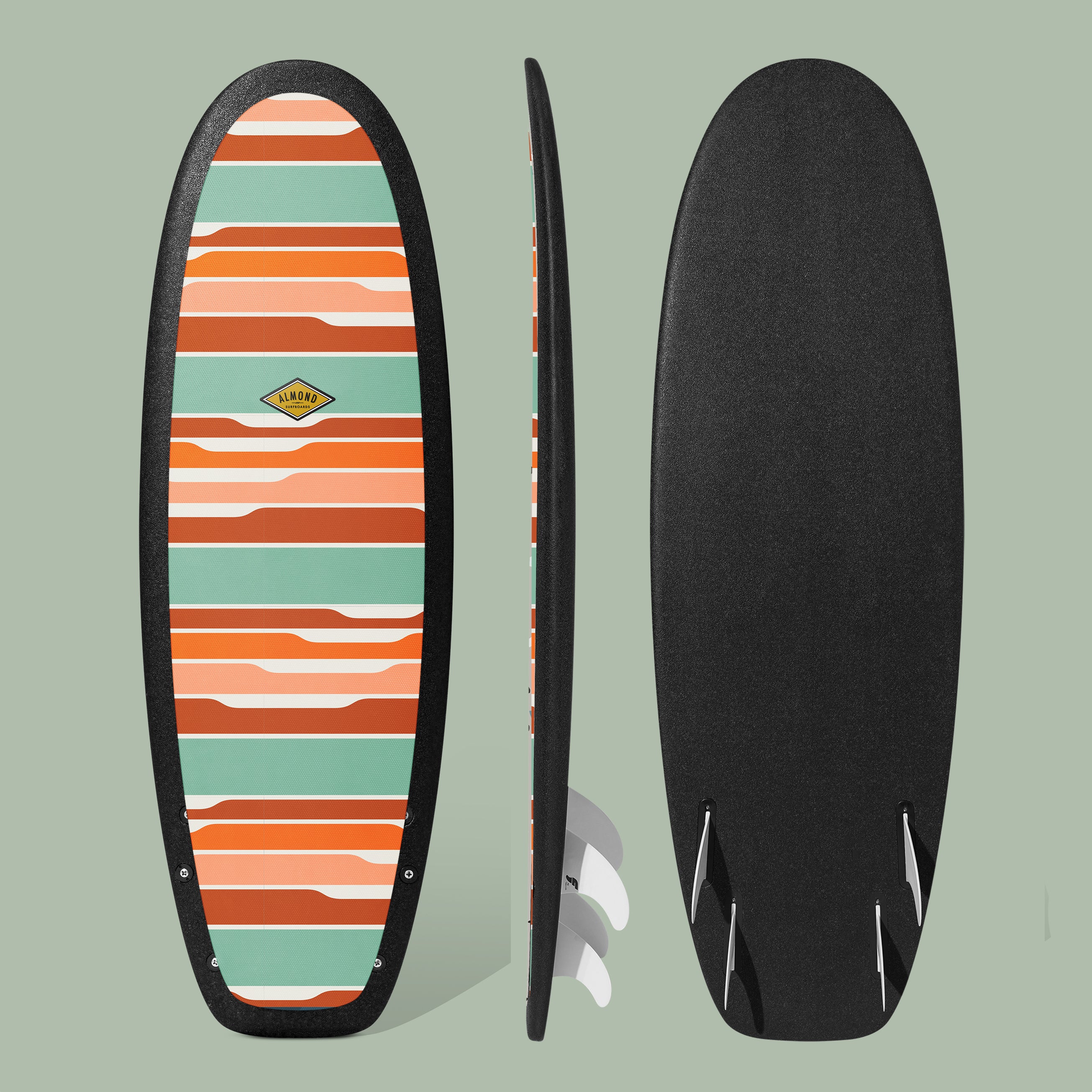 Front, Profile and back of a multicolored 5 foot 4 inch Almond Secret Menu surfboard with a logo on a green background