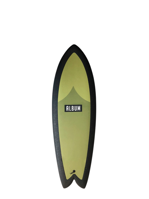 A black and green 5 foot 7 inch Album Presto surfboard with a logo on a transparent background
