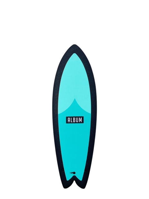 A turquoise and blue 5 foot 7 inch Album Presto surfboard with a logo on a transparent background