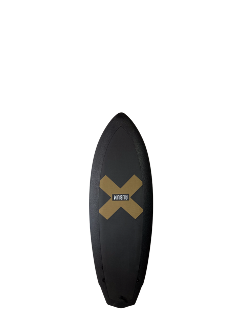 A black 4 foot 10 inch Album Seaskate surfboard with a golden x illustration on a transparent background