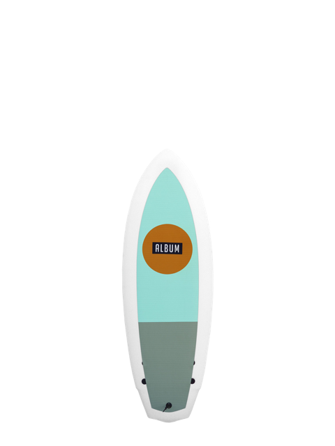 A white grey and turquoise 4 foot 10 inch Album Seaskate surfboard with an logo illustration on a transparent background